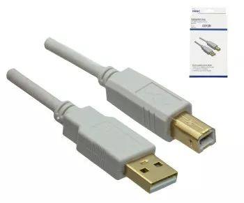 HQ USB 2.0 Cable A male to B male, UL 2725, 28 AWG / 2C, 26 AWG / 2C, white, 3,00m DINIC Box